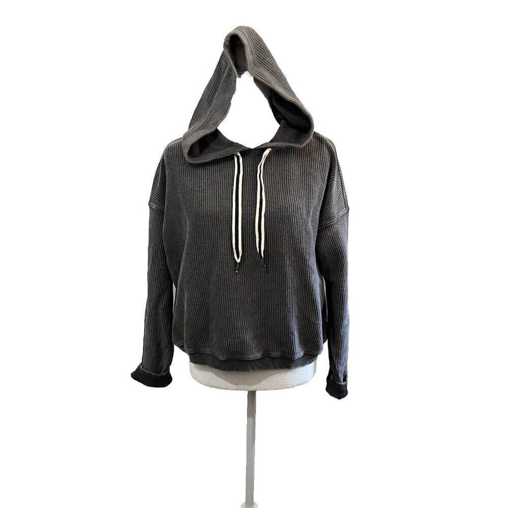 Aerie Ribbed Hooded Sweatshirt Gray Oversized Small